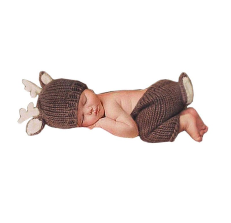 PinboÂ® Newborn Baby Photography Prop Crochet Knitted Deer Hat Pants - Image 1